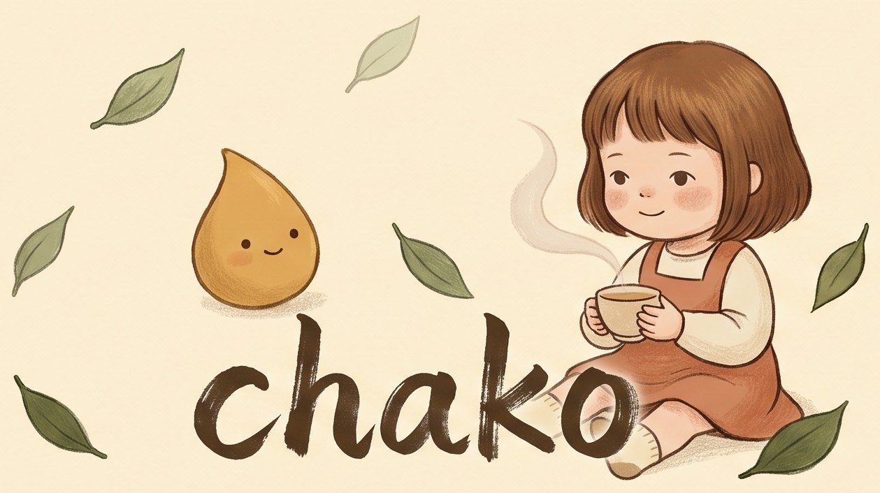 Interim Chako art with a girl, tea, and falling leaves